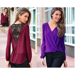 TE0886DNFS Hot sale lace back chiffon splicing cross pure color joker shirt