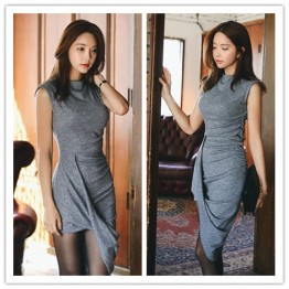TE1274GJWL Korean style fashion slim stand collar sleeveless irregular dress