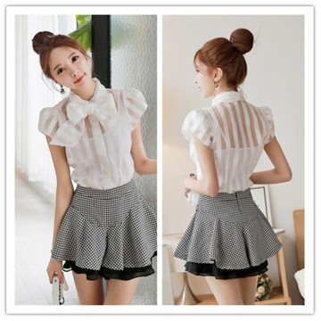 TE1459GJWL Sweet Korean fashion puff sleeve bowknot neck stripes shirt