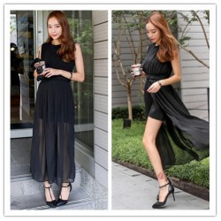 TE3030YZS Fake two piece chiffon forked tail sexy transparent split up tight hip dress