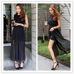 TE3030YZS Fake two piece chiffon forked tail sexy transparent split up tight hip dress