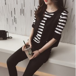 TE3163BDKJ Spring fashion slim stripes t-shirt and vest and pants three pieces