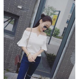 TE3169LXY Unique design boat neck flouncing sleeve thick chiffon tops