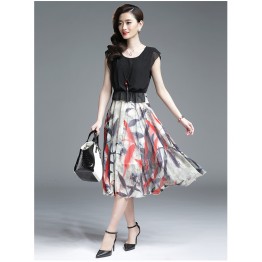 TE3175BDKJ New style print splicing A-line chiffon dress