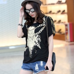 TE6013AYY Fat girl loose large size metal feel skull and chains print t-shirt