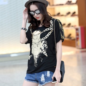 TE6013AYY Fat girl loose large size metal feel skull and chains print t-shirt