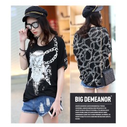 TE6013AYY Fat girl loose large size metal feel skull and chains print t-shirt