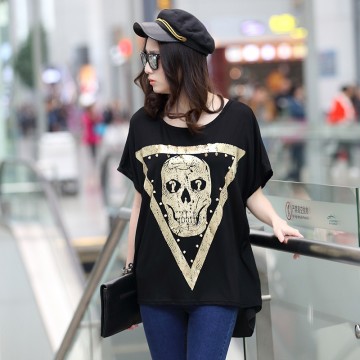 TE6015AYY Fat girl loose large size metal feel skull print t-shirt