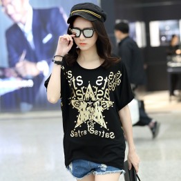 TE6016AYY Fat girl loose large size metal feel five point star print t-shirt