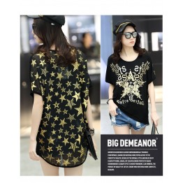 TE6016AYY Fat girl loose large size metal feel five point star print t-shirt