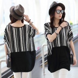 TE6025AYY Loose large size stripes splicing batwing sleeve t-shirt