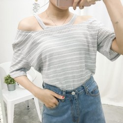 TE7591SSCL Joker sexy stripes off shoulder t-shirt