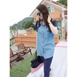 TE8209HJYS Street fashion denim splicing chiffon short sleeve shirt