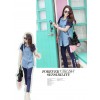 TE8209HJYS Street fashion denim splicing chiffon short sleeve shirt