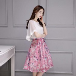 TE8730JXM Temperament batwing sleeve tops with print organza skirt