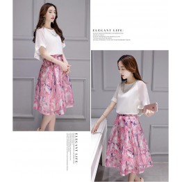 TE8730JXM Temperament batwing sleeve tops with print organza skirt