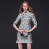 TE9097LLYG Vintage palace jacquard weave stand collar slit cheongsam dress