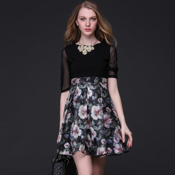 TE9100LLYG Debutant temperament elegant print splicing A-line dress