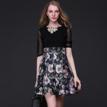 TE9100LLYG Debutant temperament elegant print splicing A-line dress