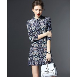 TE9101LLYG New style vintage lapel slim silk print dress