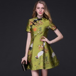 TE9105LLYG Vintage gentlewomen chinese collar jacquard weave A-line dress