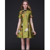 TE9105LLYG Vintage gentlewomen chinese collar jacquard weave A-line dress