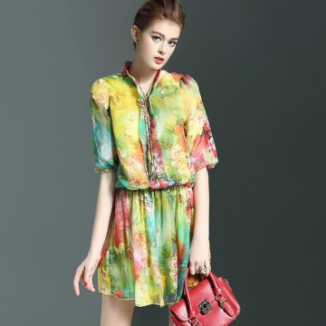 TE9106LLYG Elegant silk print bouffant temperament stand collar dress