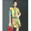 TE9106LLYG Elegant silk print bouffant temperament stand collar dress