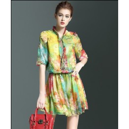 TE9106LLYG Elegant silk print bouffant temperament stand collar dress