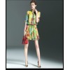 TE9106LLYG Elegant silk print bouffant temperament stand collar dress