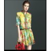 TE9106LLYG Elegant silk print bouffant temperament stand collar dress