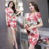 TE9256WMSS Vintage flower print cross v neck bubble sleeve slim dress