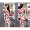 TE9256WMSS Vintage flower print cross v neck bubble sleeve slim dress