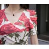 TE9256WMSS Vintage flower print cross v neck bubble sleeve slim dress