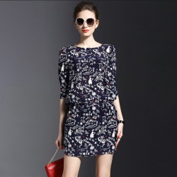 TE9646LLYG Temperament letters print half sleeve slim silk dress