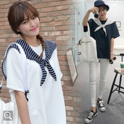 TE9790WJYS Navy style stripes lacing collar round neck tops