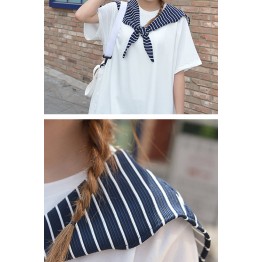 TE9790WJYS Navy style stripes lacing collar round neck tops