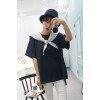 TE9790WJYS Navy style stripes lacing collar round neck tops