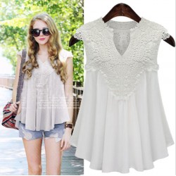 9809 chiffon sleeveless V-neck spliced ​​lace pleated chiffon blouse 