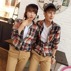 TE6533YHZL Korean Fashion Loose Joker Plaid Couple Shirt