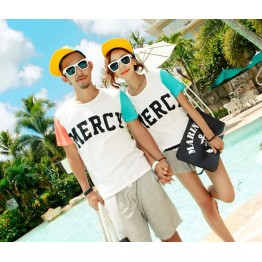 TE9189QQ Contract Color Letters Printing Couple T-shirt and Shorts Set for Girl