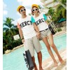 TE9189QQ Contract Color Letters Printing Couple T-shirt and Shorts Set for Girl