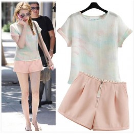 TE8332MLGN Europe fashion pink tops and shorts suit