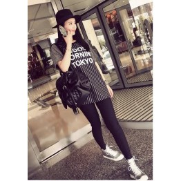 TE9689AYY Korean fashion beads stripes splicing short sleeve T-shirt