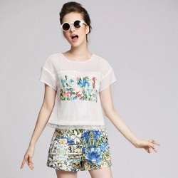 TEL8846LYLR Europe fashion gridding design tops and flowers shorts suit