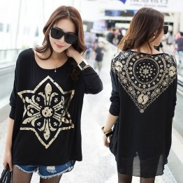 TE6670AYY Crow heart print chiffon splicing loose T-shirt