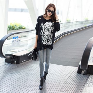 TE6673AYY Skull print tassel hem loose T-shirt