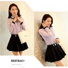 TE8008YYF Long sleeve slim doll collar shirt with bouffancy skirt purple