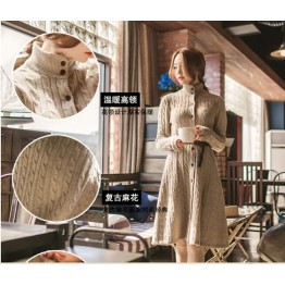 TE7589HDW Korean stand collar long sweater coat with belt