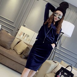 TE5970DD Stripes shoulder pleuche zipper coat with long skirt